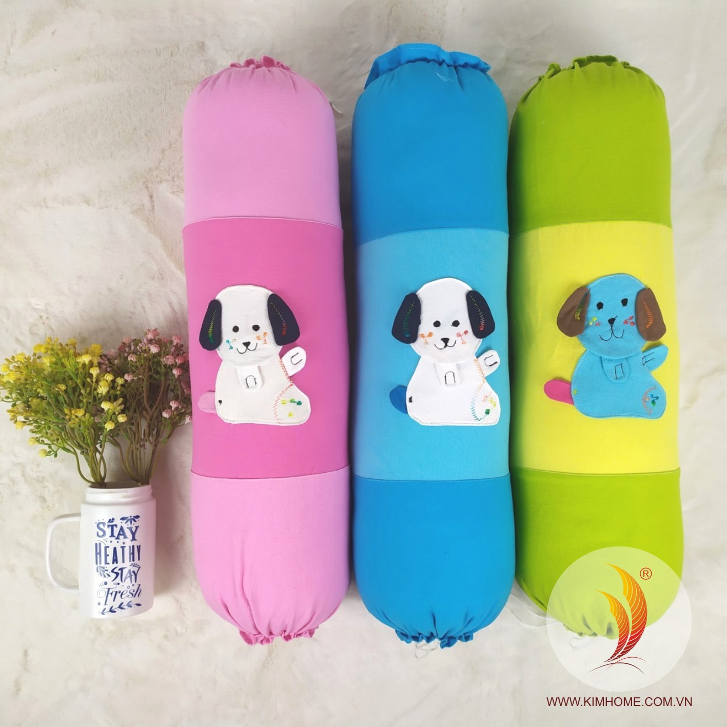 Gối ôm hơi vải cara thoáng mát phối màu gòn hạt cho bé thương hiệu kim home dài 60 cm - 80 cm