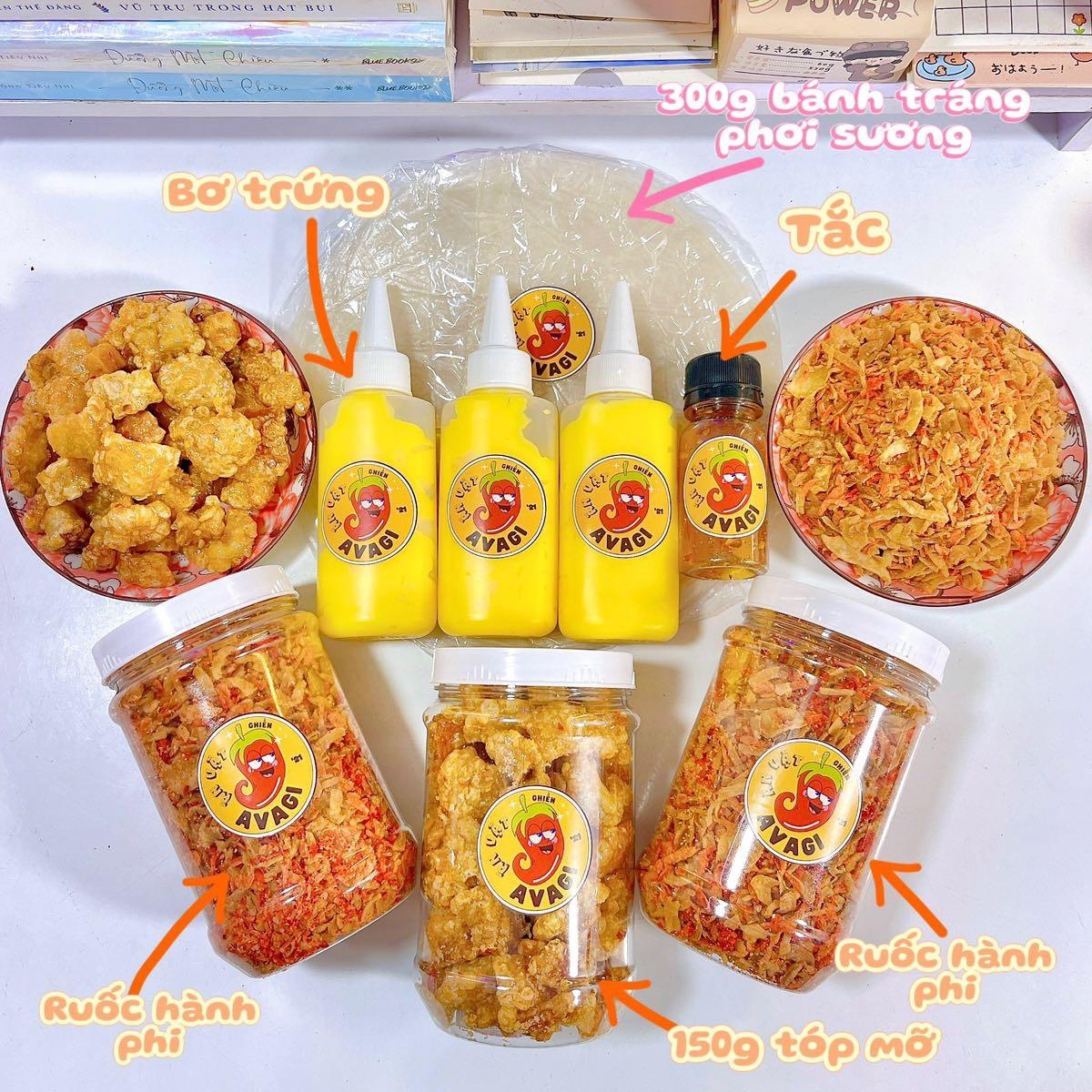 Combo siêu ngoại hạng avagi : tóp mỡ mắm tỏi + bơ siêu to + ruốc hành phi + bánh tráng phơi sương