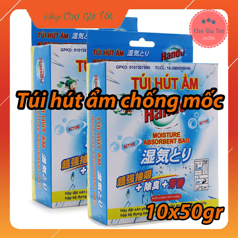 Bộ 2 hộp 10 túi hút ẩm chống mốc treo tủ quần áo tủ giày dép tủ bếp Hando 10x50gr