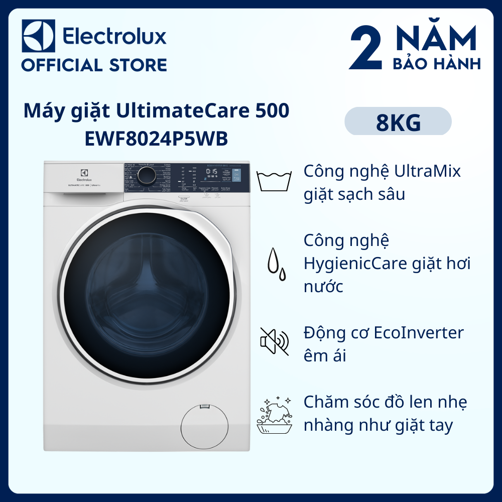 Máy giặt cửa trước Electrolux 8kg EWF8024P5WB - Diệt khuẩn tối ưu bằng hơi nước, giặt nhanh tiện lợi và linh hoạt, tiết kiệm điện hơn 50%