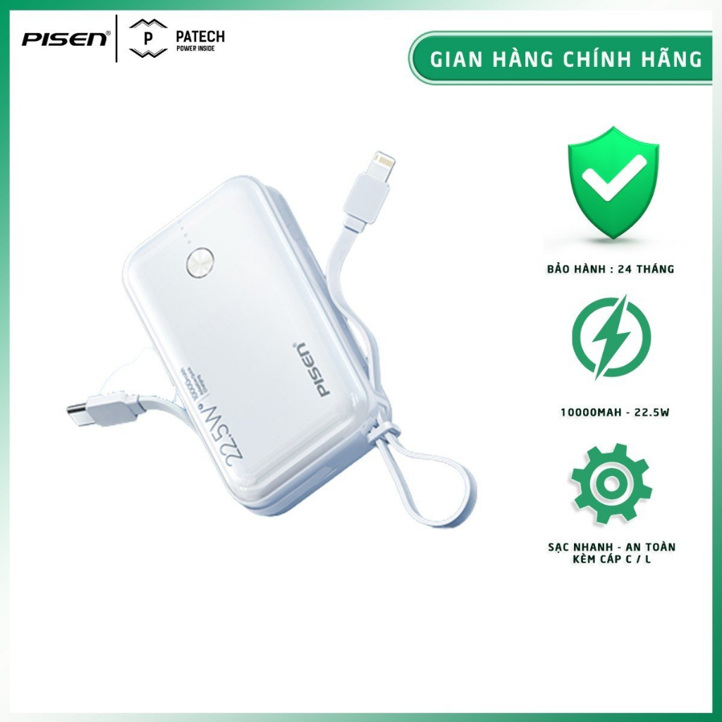  Pin sạc dự phòng kèm dây cáp PISEN QUICK Power Link 10000mAh 22.5W model: TS-D333 bảo hành 24 tháng - Hàng chính hãng 