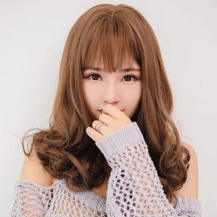 tóc giả nữ nguyên đầu xoăn ngang vai, tóc giả bộ cả đầu, tóc mái thưa hàn quốc, tóc giả ngắn
