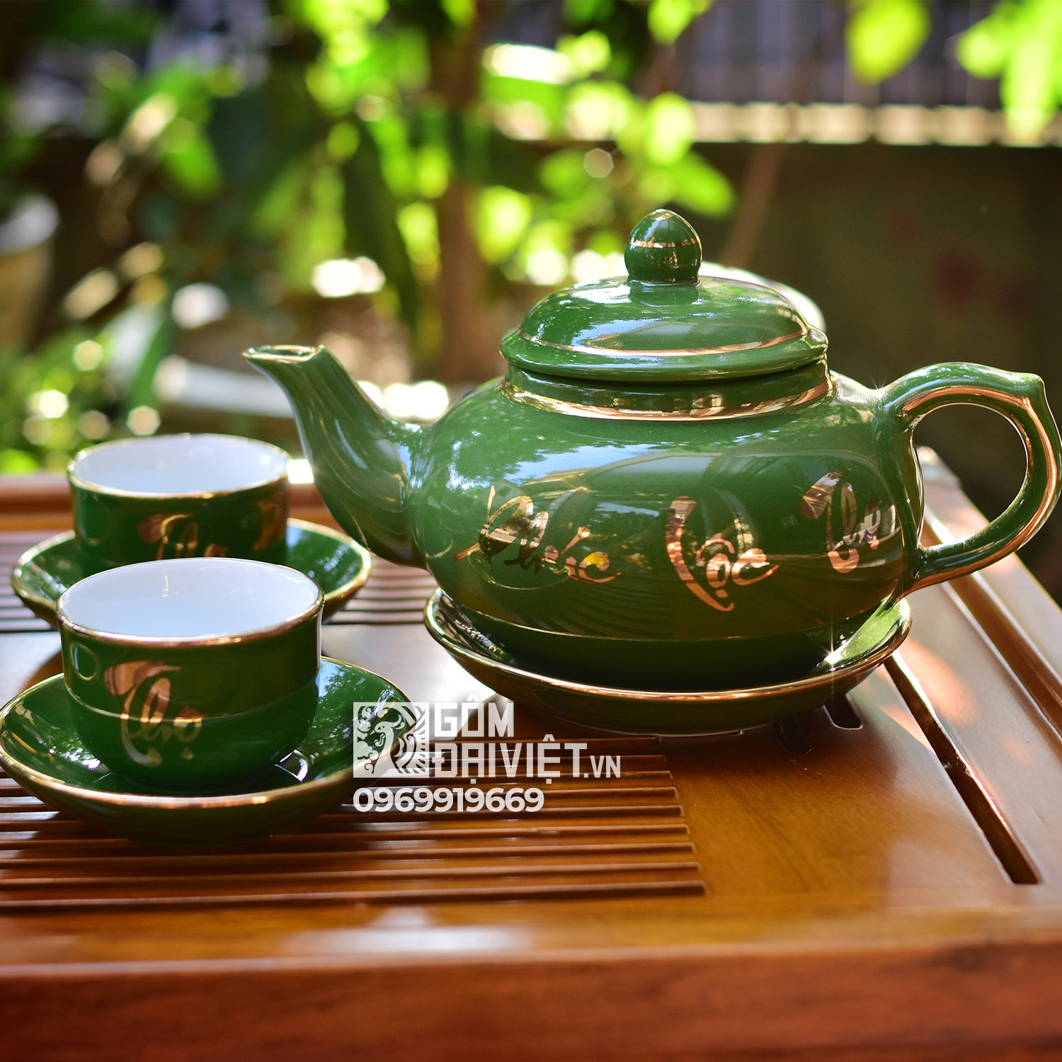 Bộ ấm trà Bát Tràng men xanh vẽ vàng Phúc Lộc Thọ