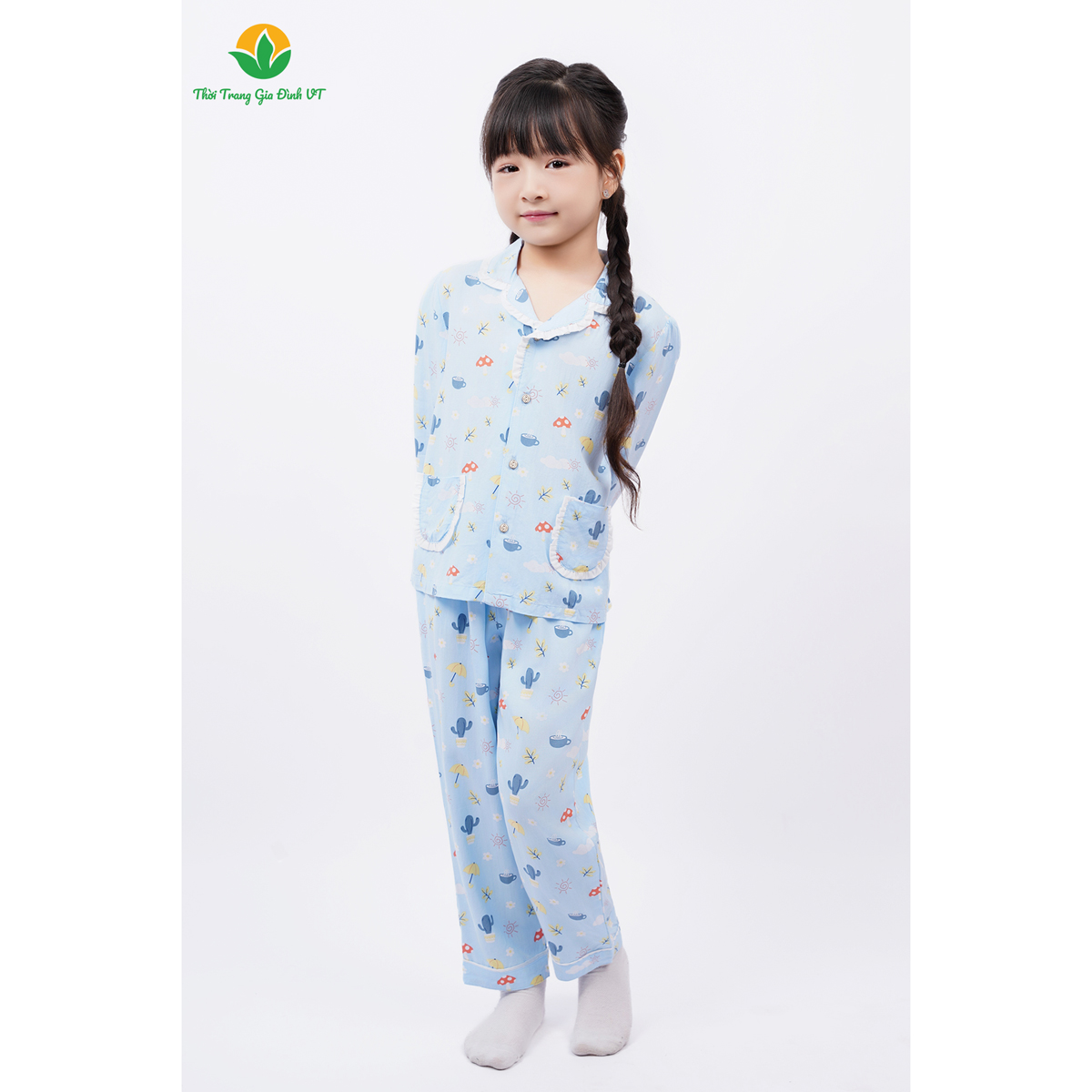 Bộ lanh tole pijama mặc nhà bé gái quần dài áo dài tay phối ren thời trang Việt Thắng B70.2416