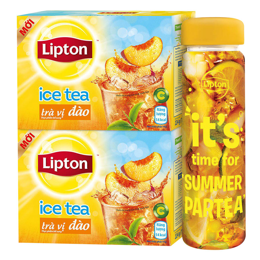 [HCM]Combo 2 Hộp Trà Lipton Ice tea vị đào 14g x 16 gói & 1 bình thủy tinh cao cấp giao mẫu ngẫu nhiên