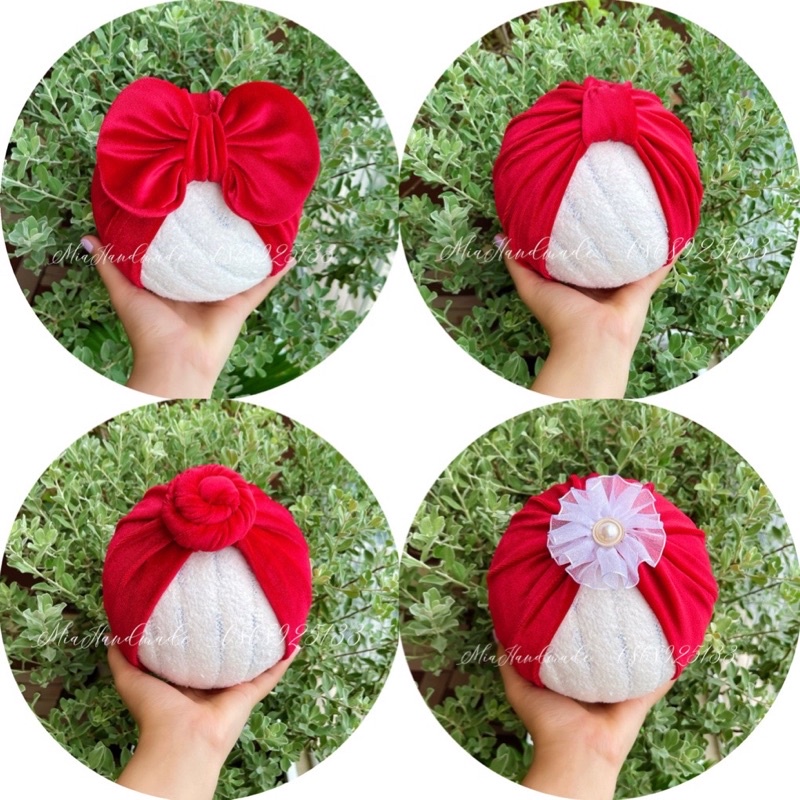 Mũ turban đỏ nhung cho bé gái 👉 mũ turban cho bé đội noel, tết