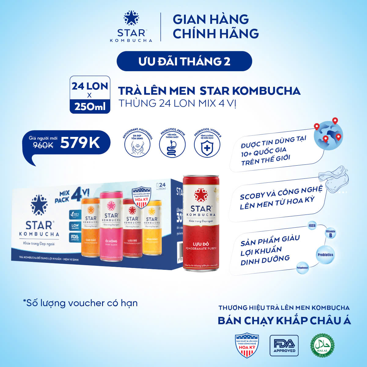  Thùng 24 lon trà lên men Star Kombucha mix 4 vị  250ml lon  - Trà lên men chứa probiotics bảo vệ sức khoẻ 