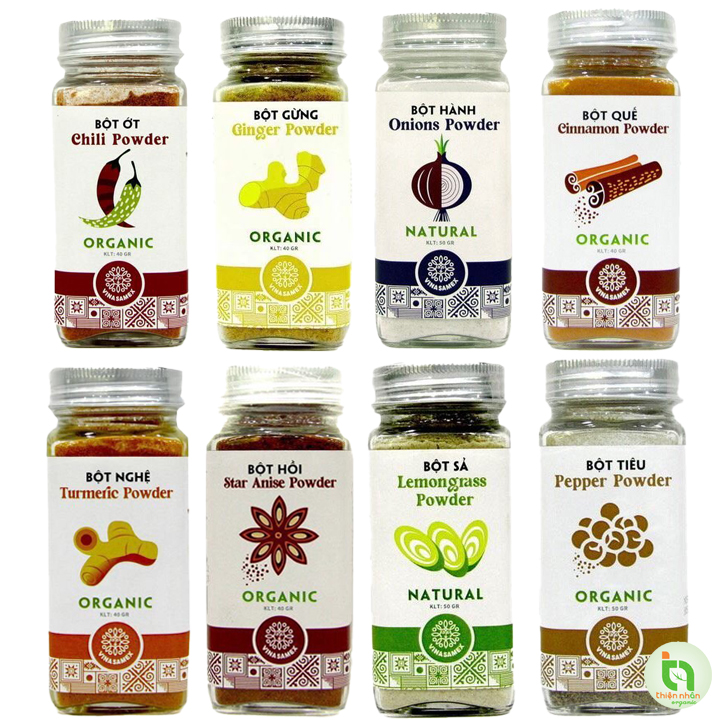 Gia vị hữu cơ Vinasamex (bột hành, ớt, sả, gừng, quế, nghệ, tiêu, hồi, tỏi) - Vinasamex organic spices (onion powder, chili, lemongrass, ginger, cinnamon, turmeric, pepper, anise, garlic)
