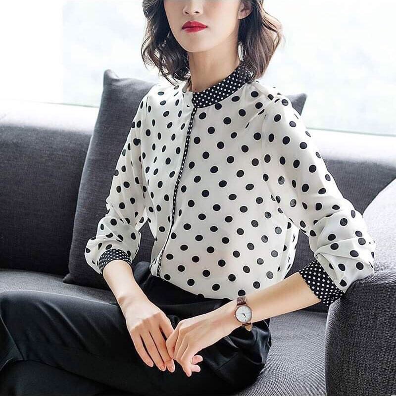 [HCM]2020 Áo sơ mi nữ YSUN cổ trụ chấm bi phối màu đen trắng công sở