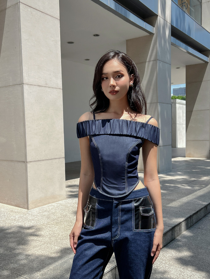 Coco sin - áo jean thun xanh trẹt vai
