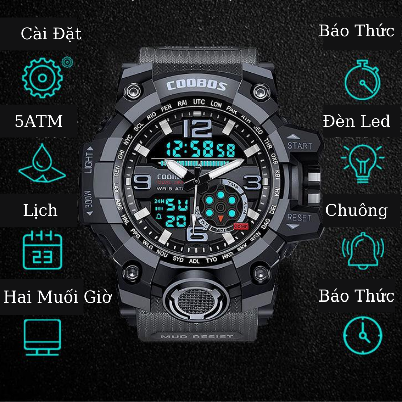[HCM]Đồng hồ điện tử thể thao dây cao su 21mm COOBOS 1155 đa chức năng chống nước kiểu máy Quartz Nhật thiết kế phong cách thể thao