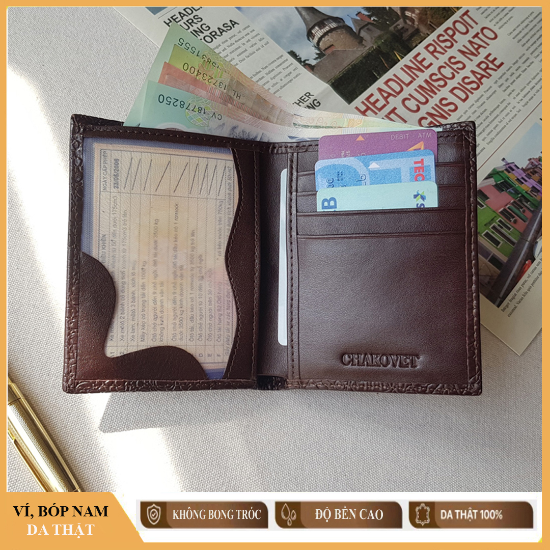 Ví nam, bóp nam da bò vân cá sấu Chakovet V.99A, Kiểu ví dáng đứng nhiều ngăn đựng tiền và thẻ, đựng được GPLX loại cũ (nâu, đen)