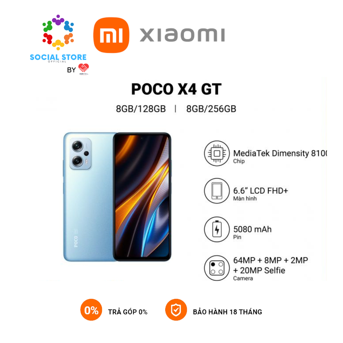 Điện thoại XIAOMI POCO X4 GT8+256GB | MediaTek Dimensity 8100 | Sạc nhanh 67W