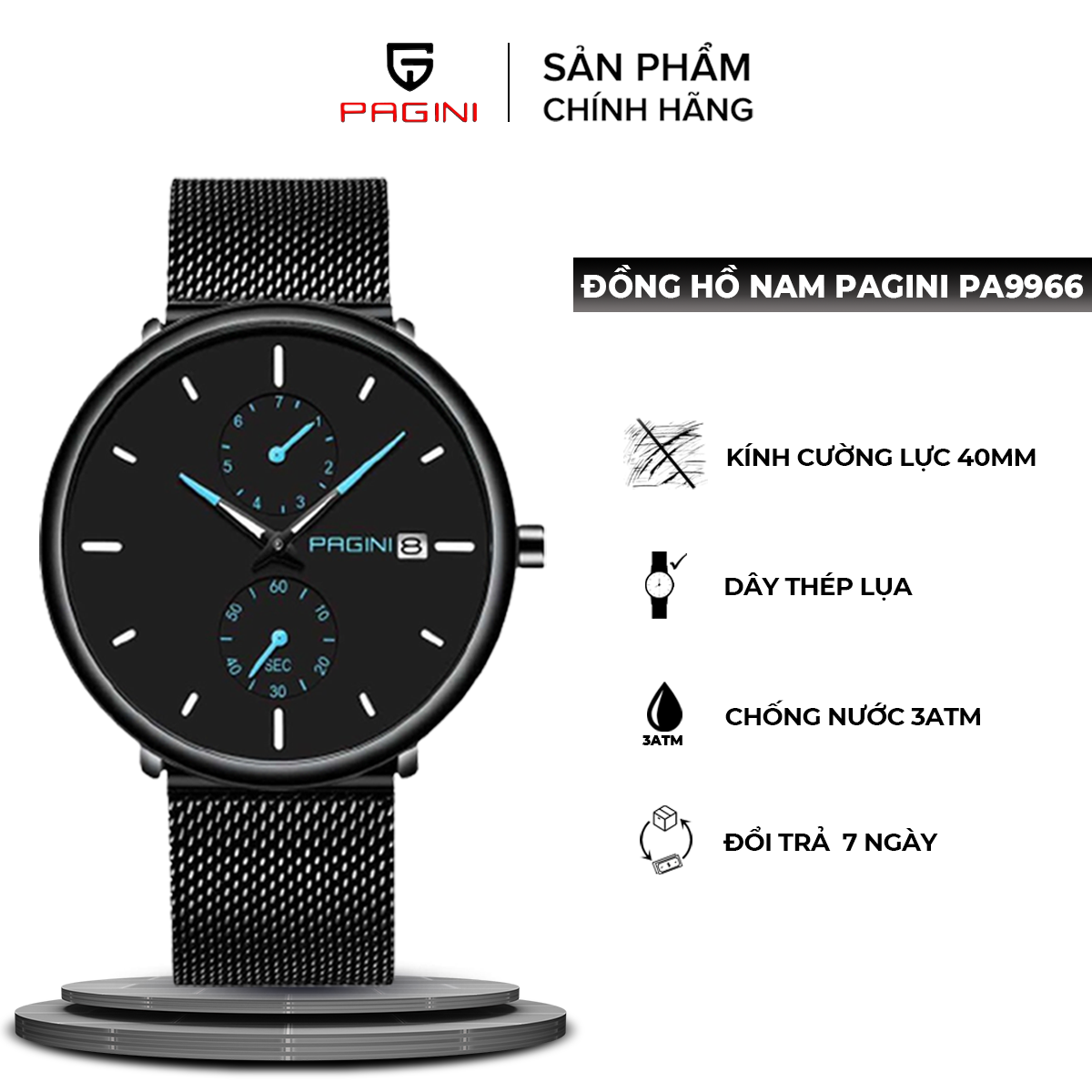 Đồng Hồ Nam Pagini PA9966 dây thép lụa Titanium thời trang Cao Cấp, kim dạ quang có lịch ngày. Đồng hồ nam điện tử Pagini PA9966, đồng hồ đeo tay mặt tròn, thiết kế đẹp 3 kim dây thép lụa titanium, chống sốc, chống nước.