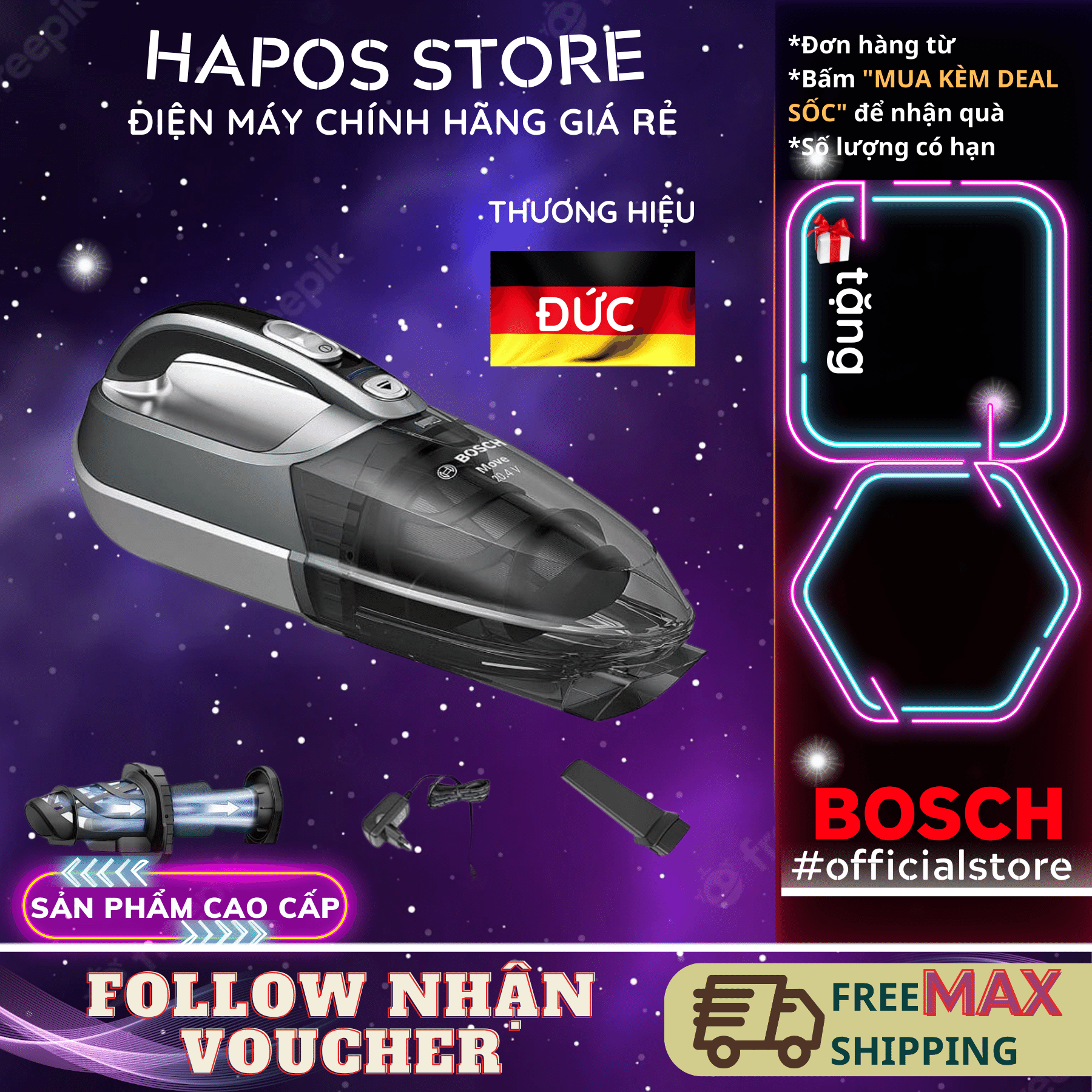 Máy hút bụi cầm tay hút khô ướt không dây bosch cho xe hơi, ô tô, giường nệm,... hmh.bhn14090 thương hiệu đức - hapos