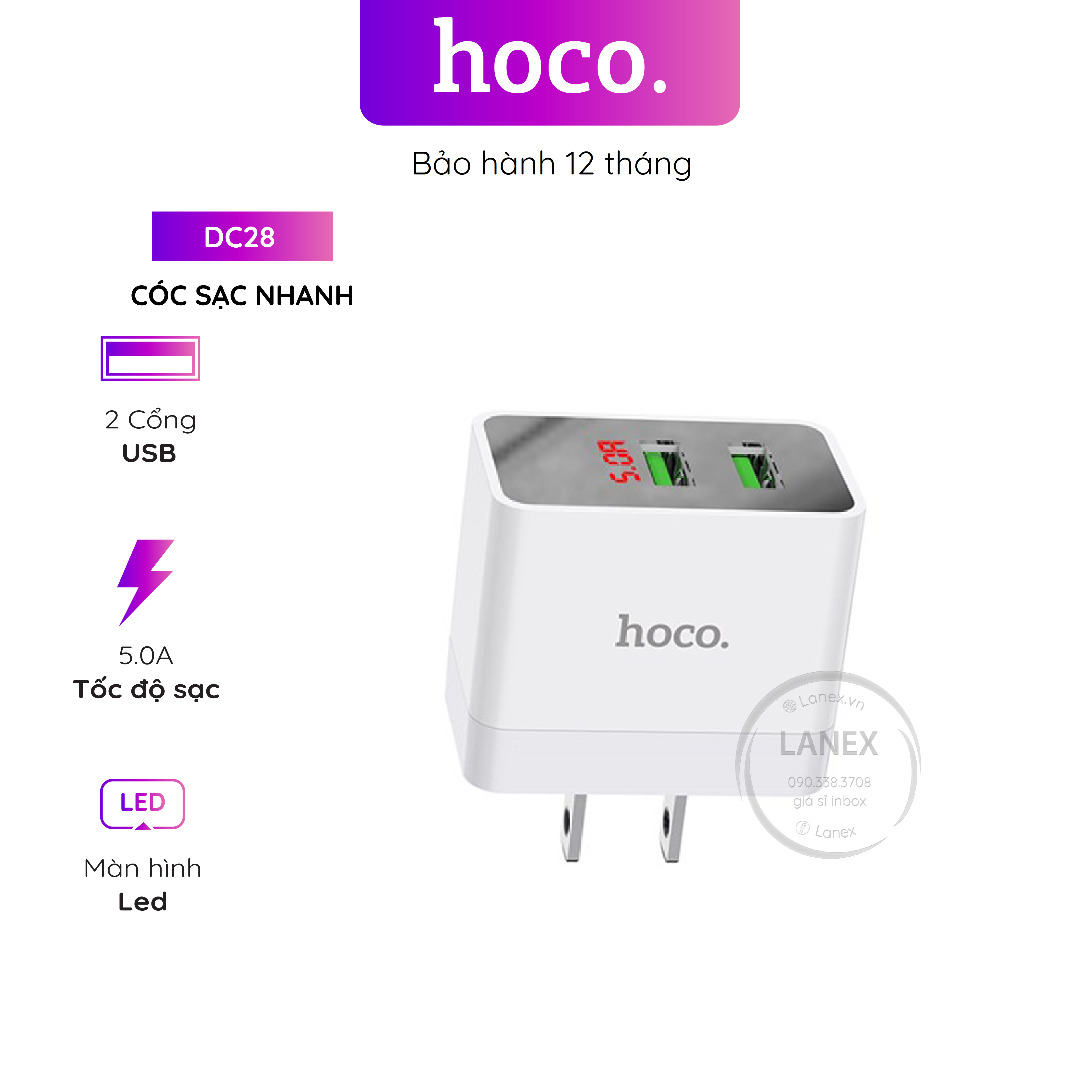 Cóc Sạc Nhanh Hoco Dc28 2 Cổng Usb 5.0a Màn Hình Led