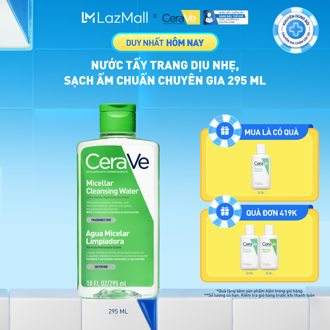 [ĐỘC QUYỀN ONLINE] Nước tẩy trang dịu nhẹ, sạch ẩm chuẩn chuyên gia CeraVe Micellar Cleansing Water 295ml