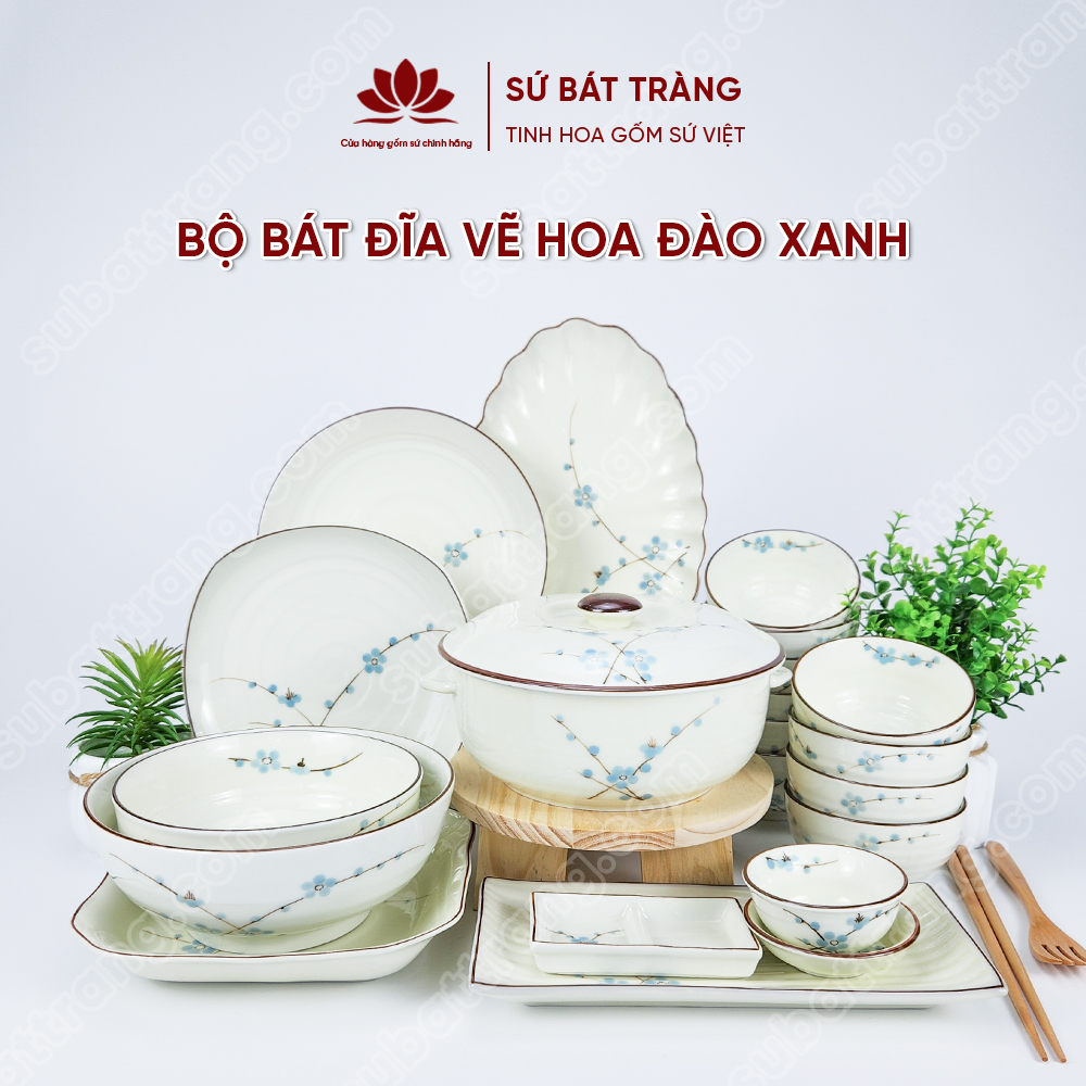 Bộ bát đĩa vẽ hoa đào xanh cao cấp Bát Tràng