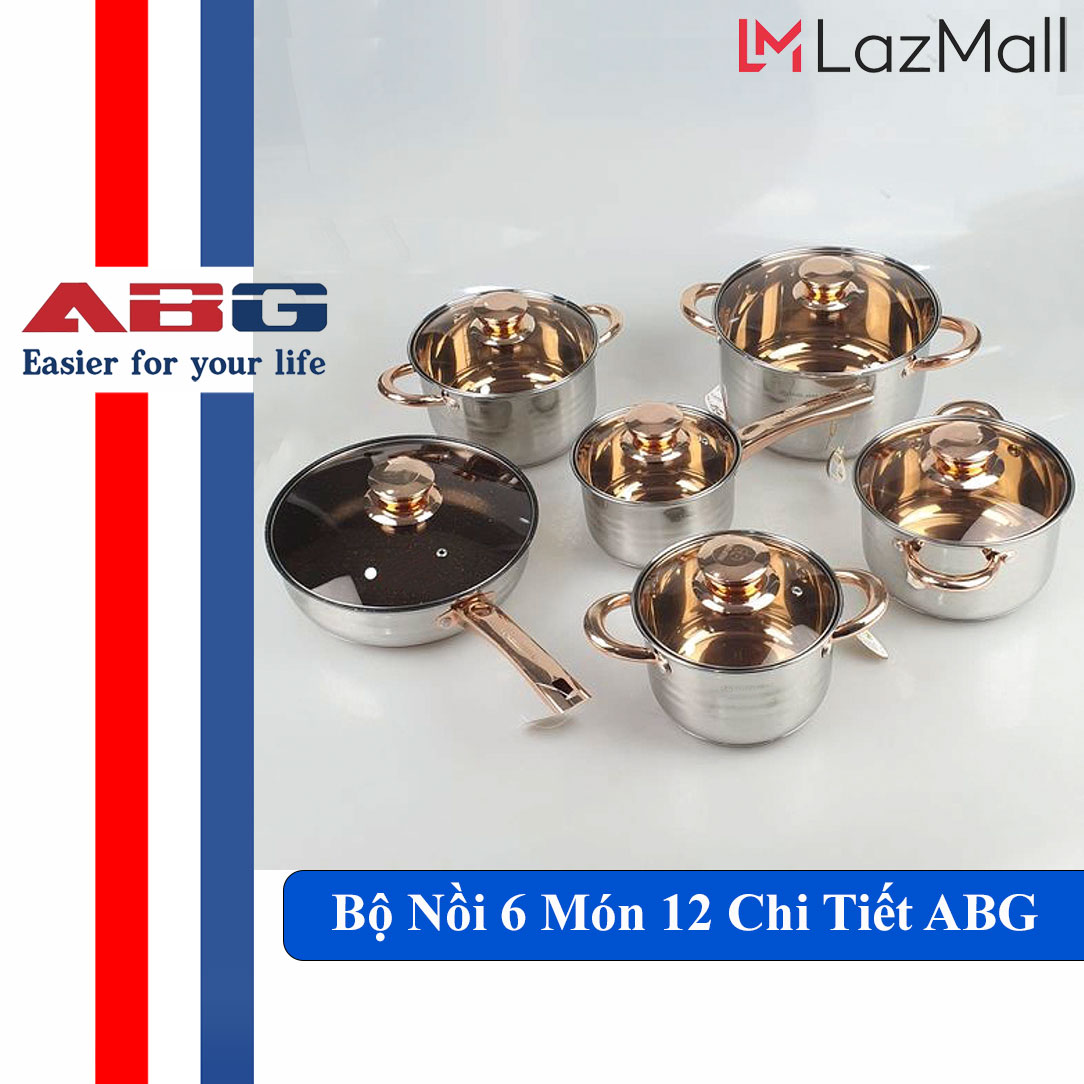 Bộ Nồi 6 Món 12 Chi Tiết ABG , Bộ Nồi Đáy Từ, Bộ Nồi Đa Năng Thiết Kế Inox Cao Cấp Nắp Kính Vàng Bắt Mắt Sang Trọng Đun Nấu Nhanh , Tiết Kiệm Điện Năng , Dùng Cho Mọi Loại Bếp- Hàng Chính Hãng