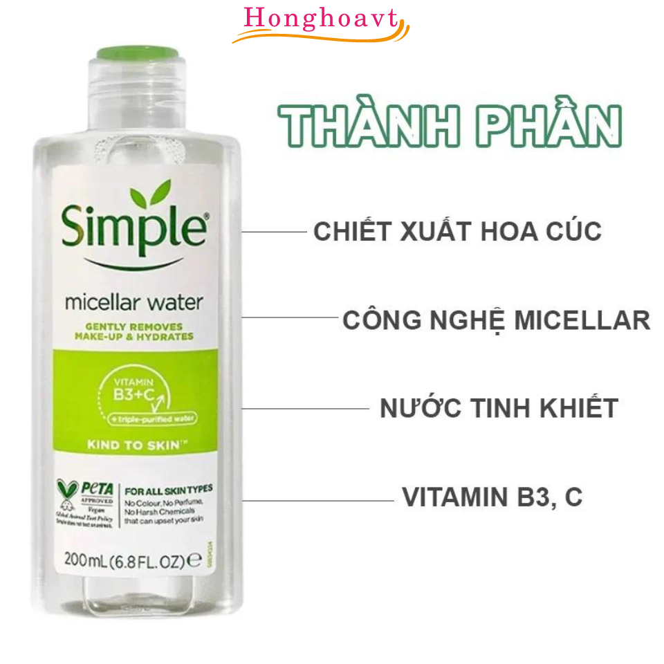 Nước tẩy trang Simple Kind To Skin Micellar Cleansing Water 200ml mẫu mới, tẩy trang simple lành tính-honghoavt