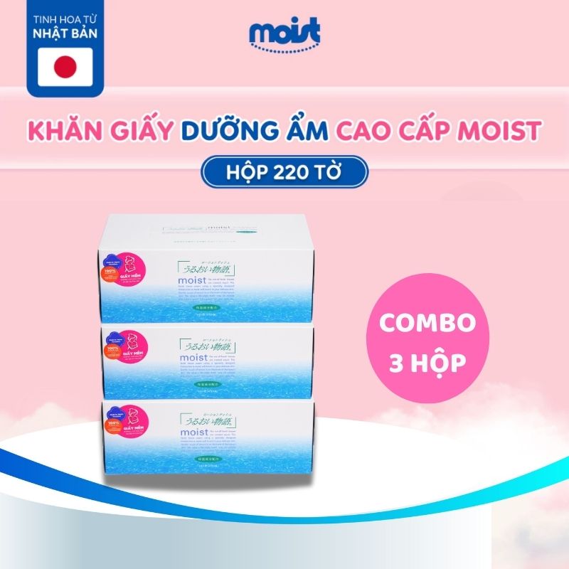 [VOUCHER 30%] Combo 3 Khăn giấy Moist hộp 220 tờ 2 lớp