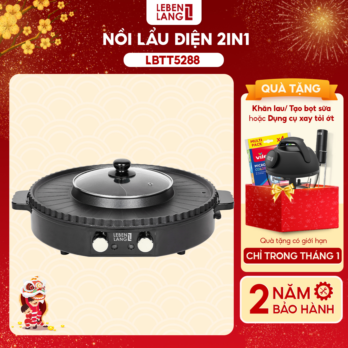 Nồi lẩu điện 2 ngăn Lebenlang LBTT5288, bếp lẩu nướng 2in1 đa năng tròn loại to,công suất 1800W tiện lợi cho gia đình, bảo hành 2 năm - hàng chính hãng