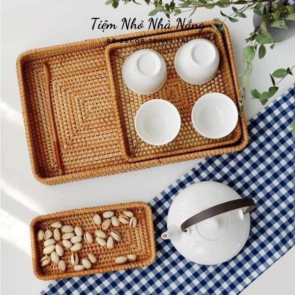 Combo khay đựng đồ mây tre đan, khay mây decor trang trí, chụp ảnh