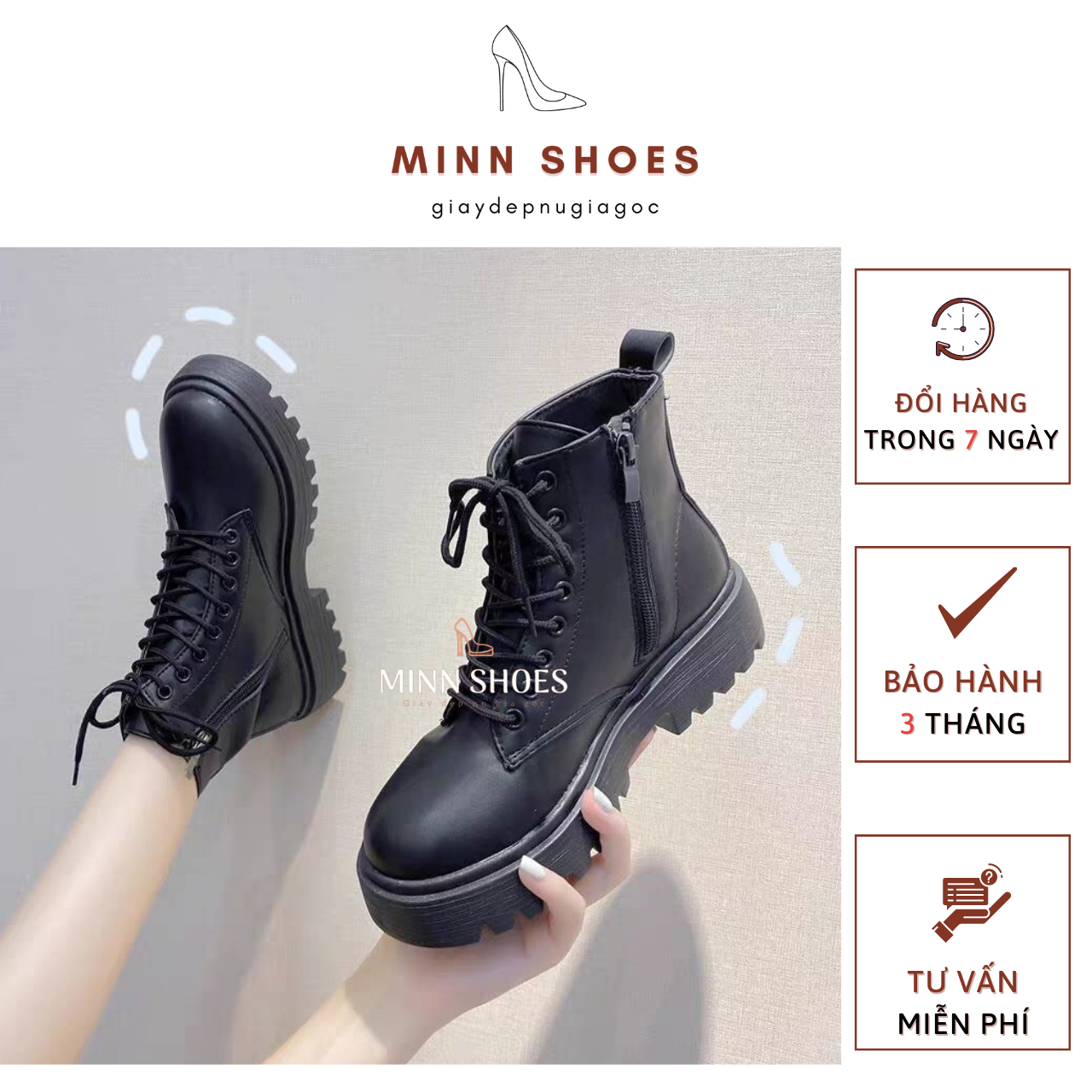 Boot da nữ cổ cao buộc dây khóa kéo cao 5cm thời trang