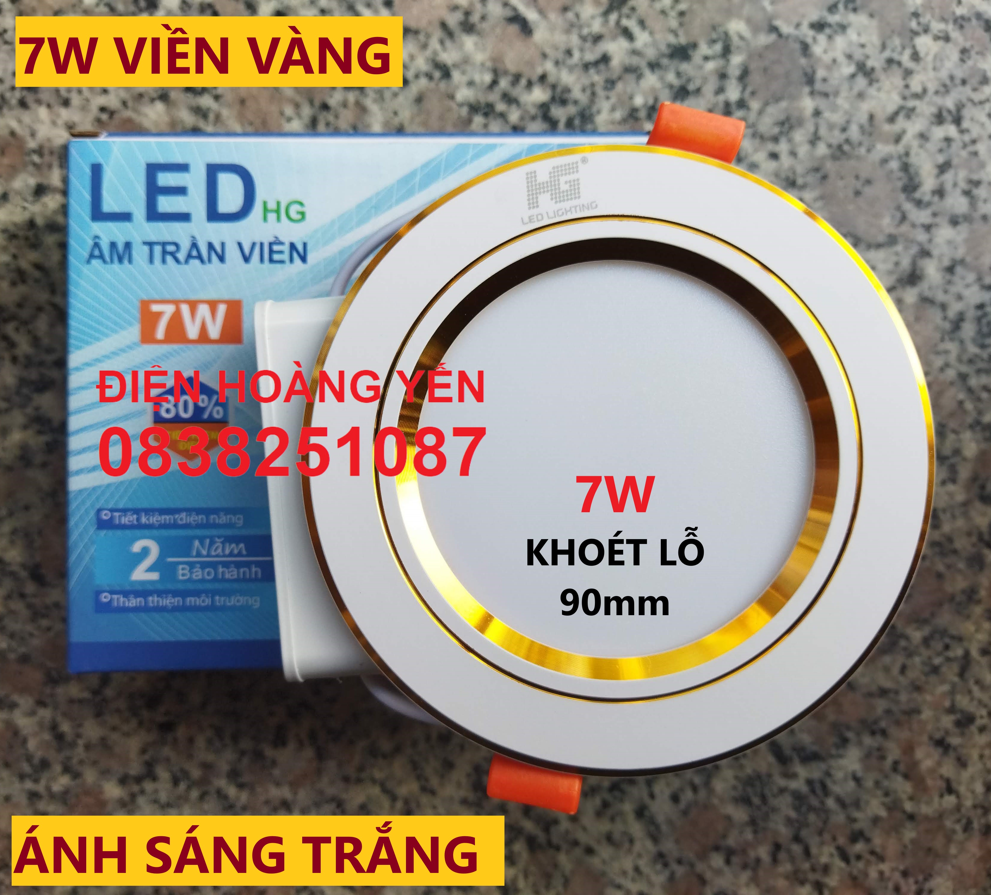 Combo 10 led âm trần hg 7w viền vàng ánh sáng trắng - phi 90mm