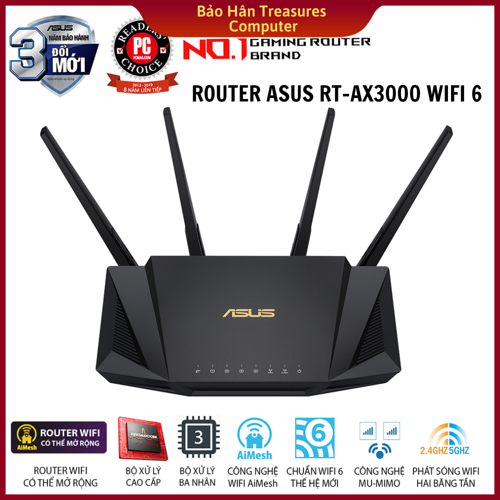 Router Phát Wifi6 Asus RT-AX3000 Chuẩn AX3000 Dual Band WiFi 6 (Router WiFi có thể mở rộng) - Hàng Chính Hãng