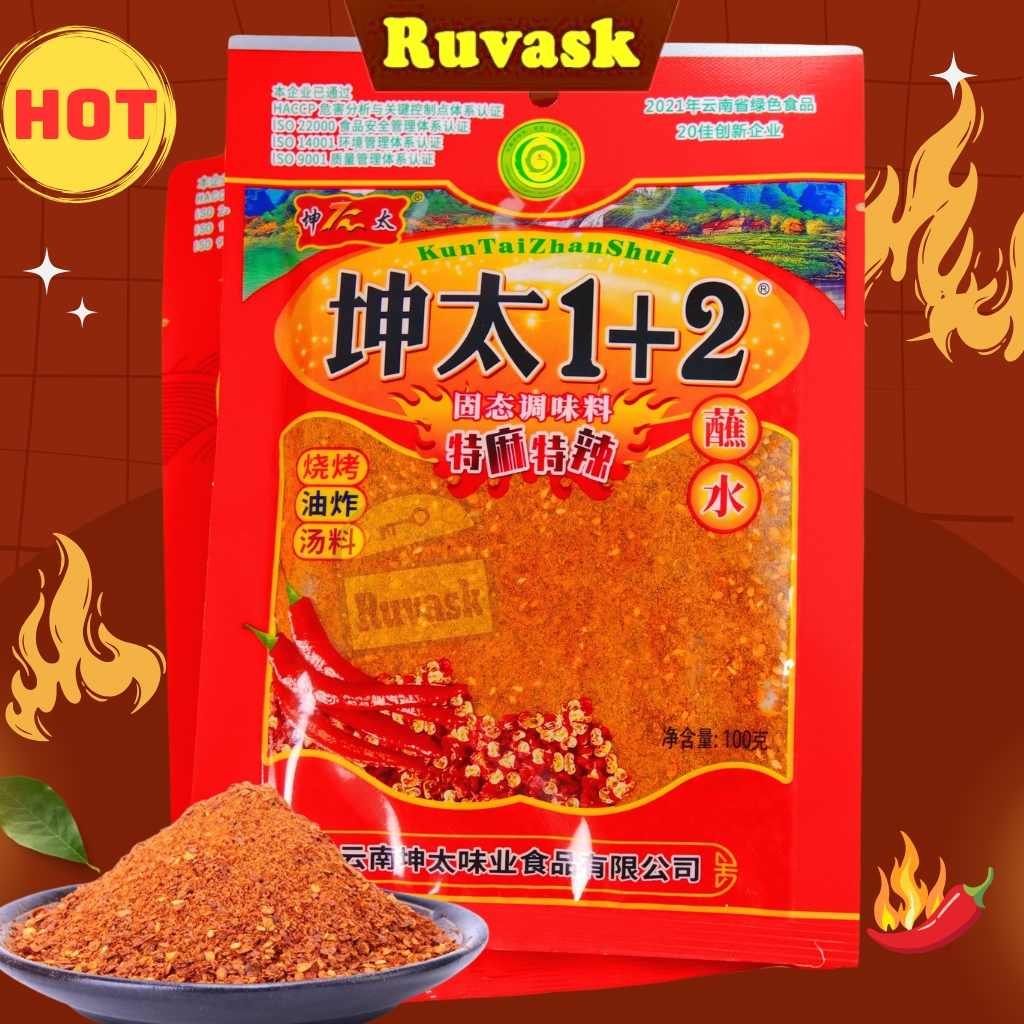 Bột Ớt Cay Tê 1+2 Chấm Lạp Xưởng Nướng Đá Vị Cay Tứ Xuyên Bịch 100G - Bột Ớt Trung Quốc Siêu Cay - Ớt Bột Ruvask