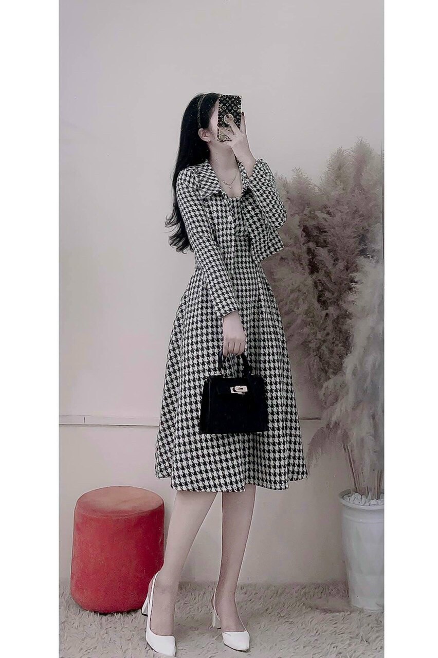 Sét đầm dài kèm áo khoác karo xinh lung linh lt