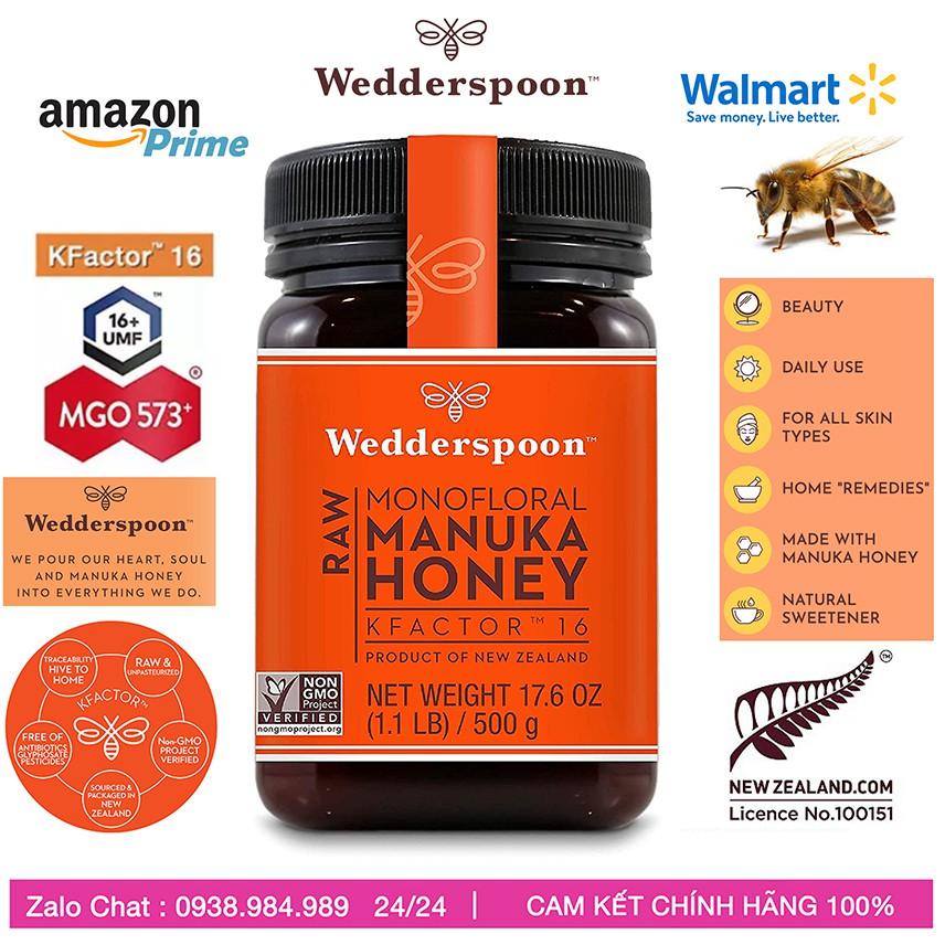 Mật Ong Manuka Wedderspoon - Raw Manuka Honey - Kfactor 16 = MGO 573+ Newzealand
