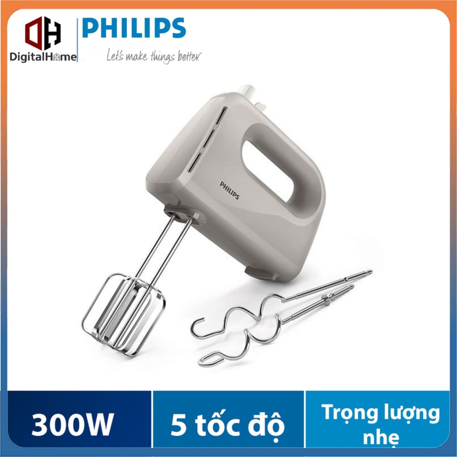 Máy đánh trứng cầm tay philips hr3705/20, công suất 300w 5 tốc độ, hàng chính hãng - bh 2 năm