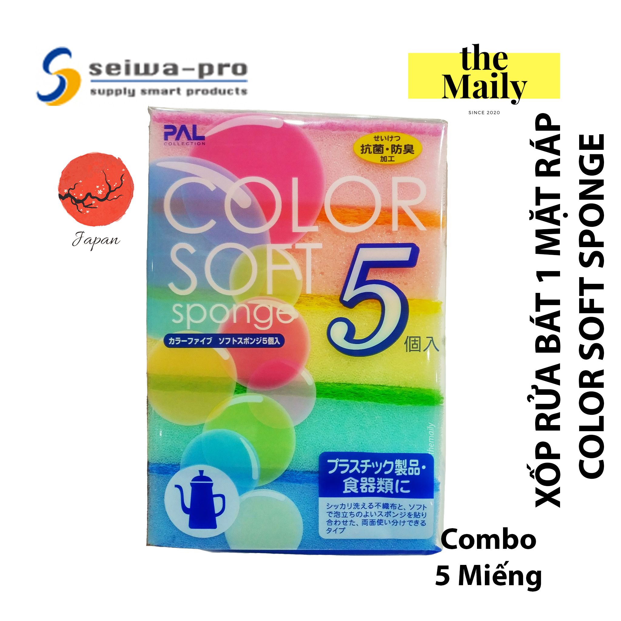 [HCM]Miếng Rửa Chén Tạo Bọt 1 Mặt Ráp Color Soft Sponge 5 Miếng – Nội Địa Nhật Bản