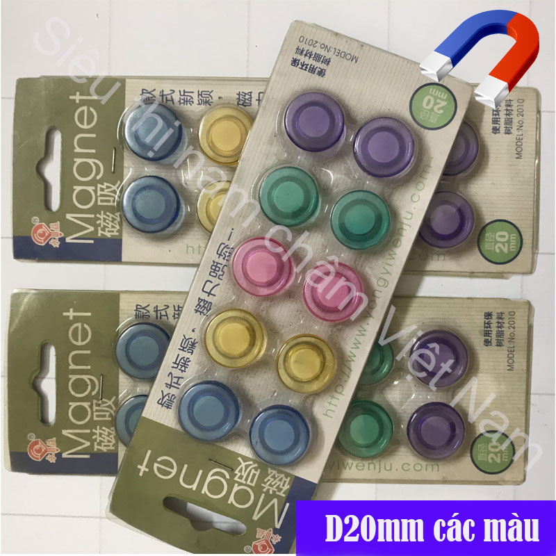 Vỉ nam châm 10 viên đính bảng từ 5màu kích thước 20mm, nam châm tiện dụng