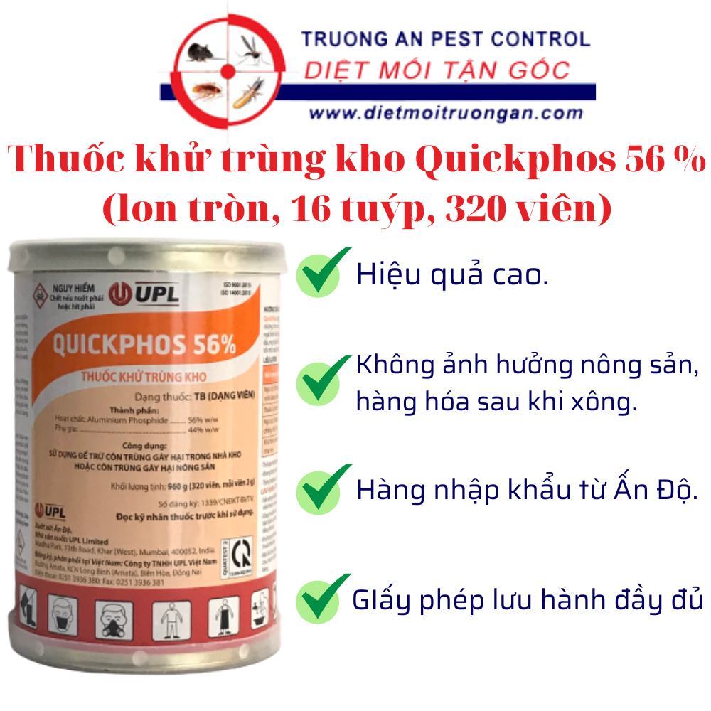 Thuốc khử trùng diệt mọt nông sản quickphos 56% xuất xứ ấn độ dạng viên tròn có tuýp 1 hộp nặng 960g