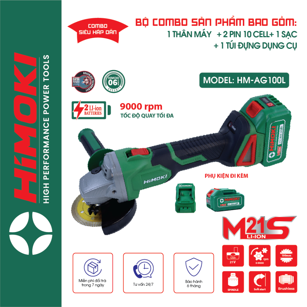 Máy mài pin Himoki HM-AG100L Không chổi than - Máy cắt cầm tay chạy pin motor lõi đồng 100%