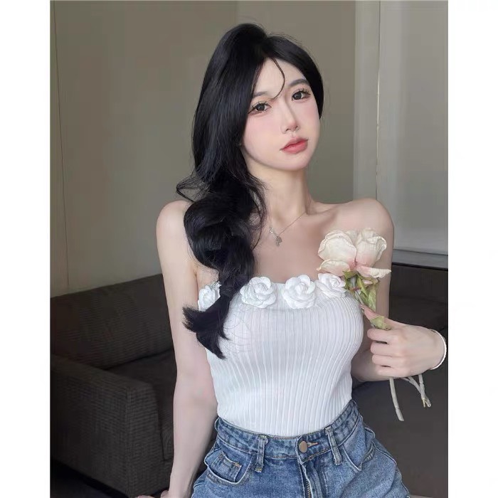 Áo ống croptop pinkstore29 thun gân đính hoa hồng cổ điển rạng rỡ a5445