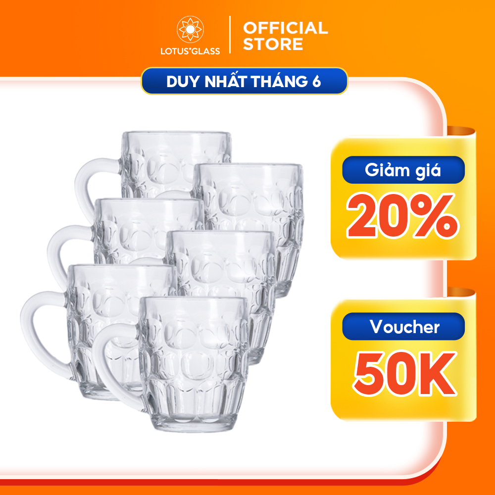 Bộ 6 cốc thủy tinh LOTUS GLASS VTC91 trong suốt có quai cao cấp, an toàn, dùng để uống bia, nước ngọt, sinh tố