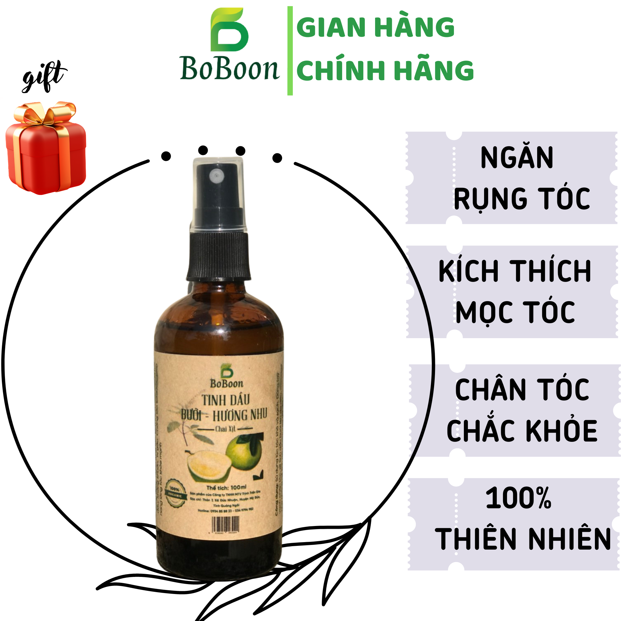 Xịt dưỡng tóc tinh dầu bưởi BoBoon kích mọc tóc con, ngăn rụng 100ml