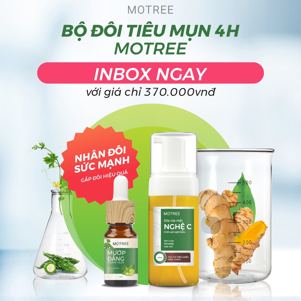 Sữa rửa mặt & serum chấm mụn 4h motree, chiết xuất từ mướp đắng - nghệ tự nhiên