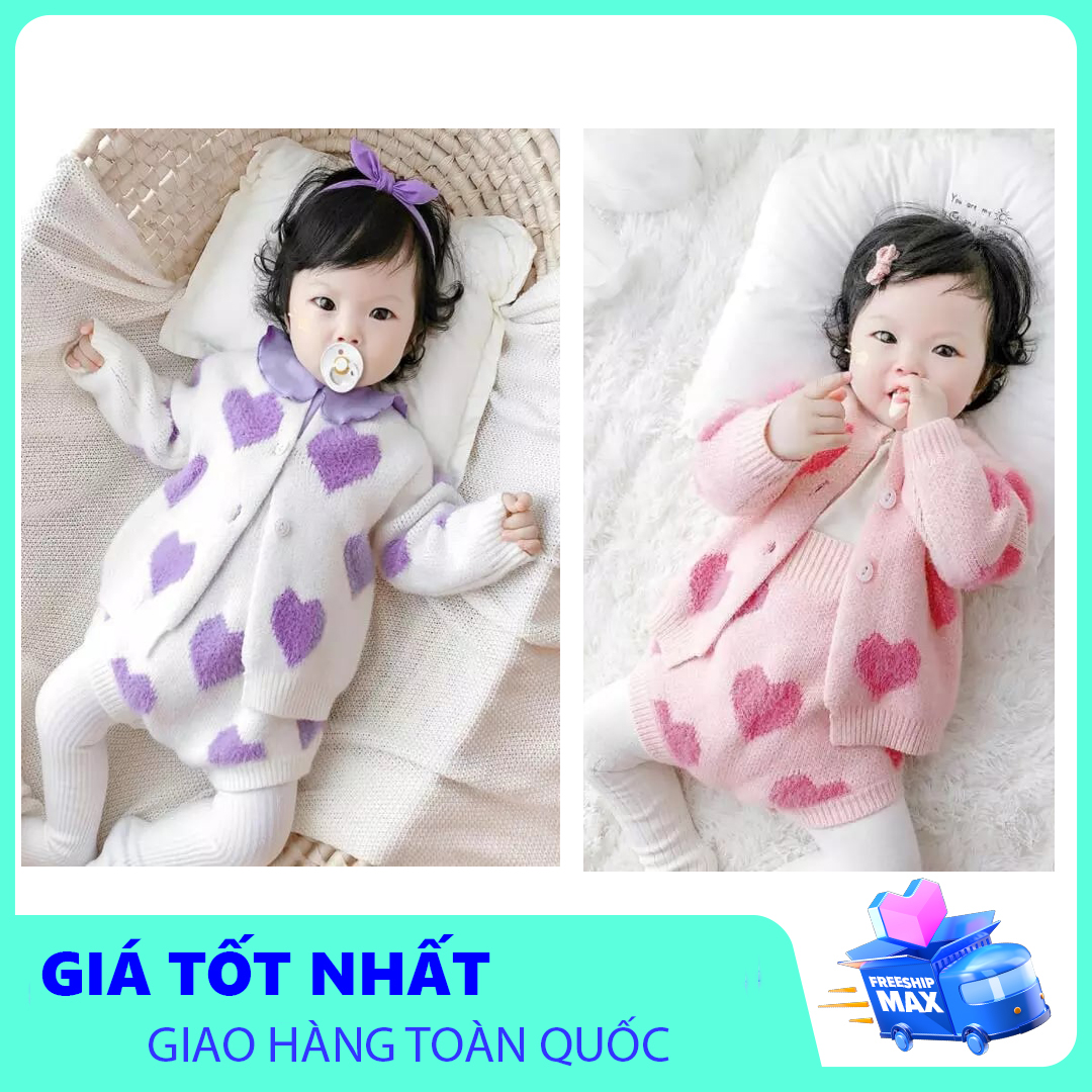Sét áo len cadigan + yếm len tim cho bé, 2 màu hồng và tím