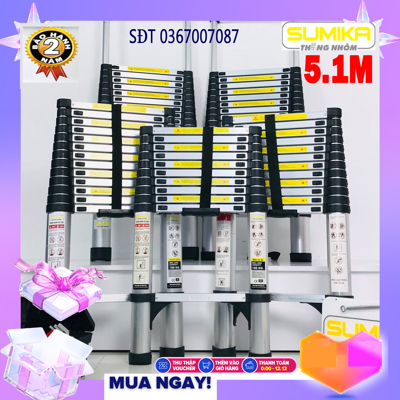 [HÀNG CHÍNH HÃNG – GIÁ SỈ] Thang Nhôm Rút Xếp Đơn Cao Cấp 5.1M SUMIKA SK510 - Chất Liệu Nhôm 14 Bậc Tải Trọng 300kgHàng Chính Hãng Bảo Hành Toàn Quốc 12 Tháng
