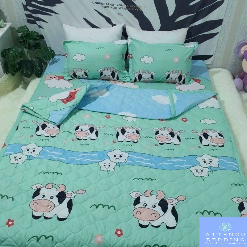 Chăn ga gối ❣FreeShip❣Bộ Chăn ga gối 5 món Cotton Poly chăn trần bông 3 lớp ,không bai không xù đường may thủ công