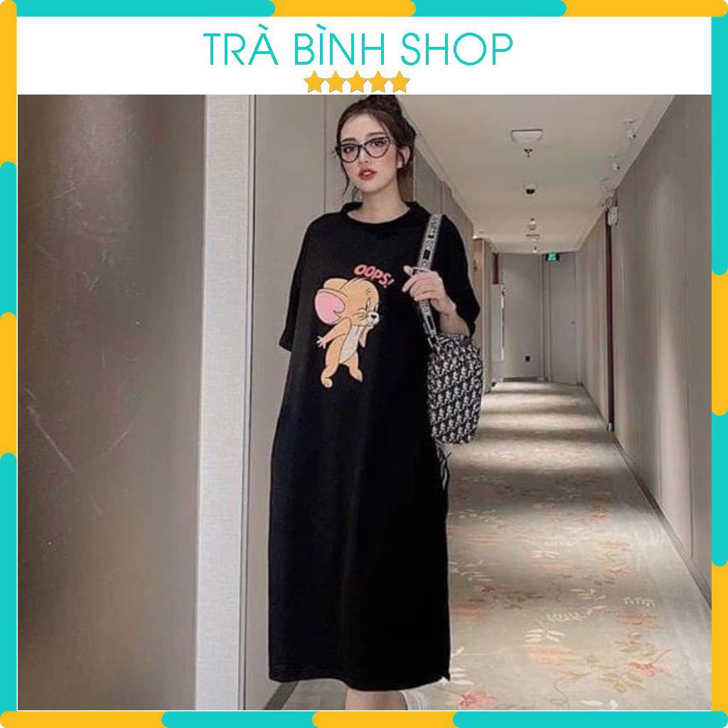Đầm suông nữ dáng dài đầm suông bầu cổ tròn cộc tay hình chuột chất cotton hàng vnxk