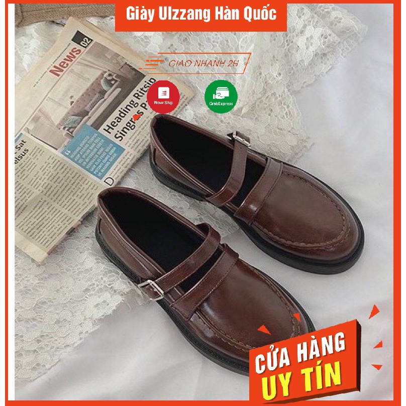 Giày ulzzang oxford vintage da lỳ có dây vuông cho nữ phong cách hàn quốc trẻ năng động