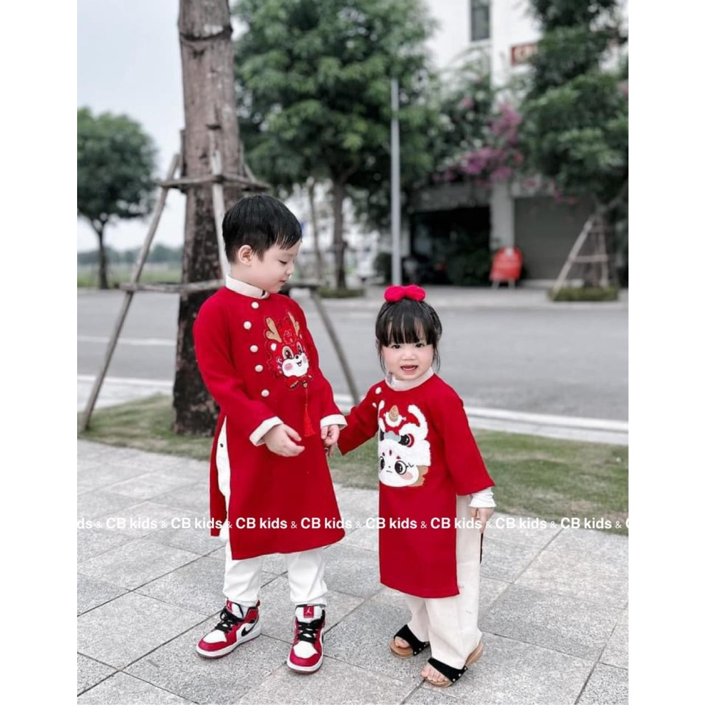 Áo dài cách tân bé trai bé gái kèm quần thêu đầu rông, áo dài tết cho bé size 10-30kg, áo dài đôi cho bé