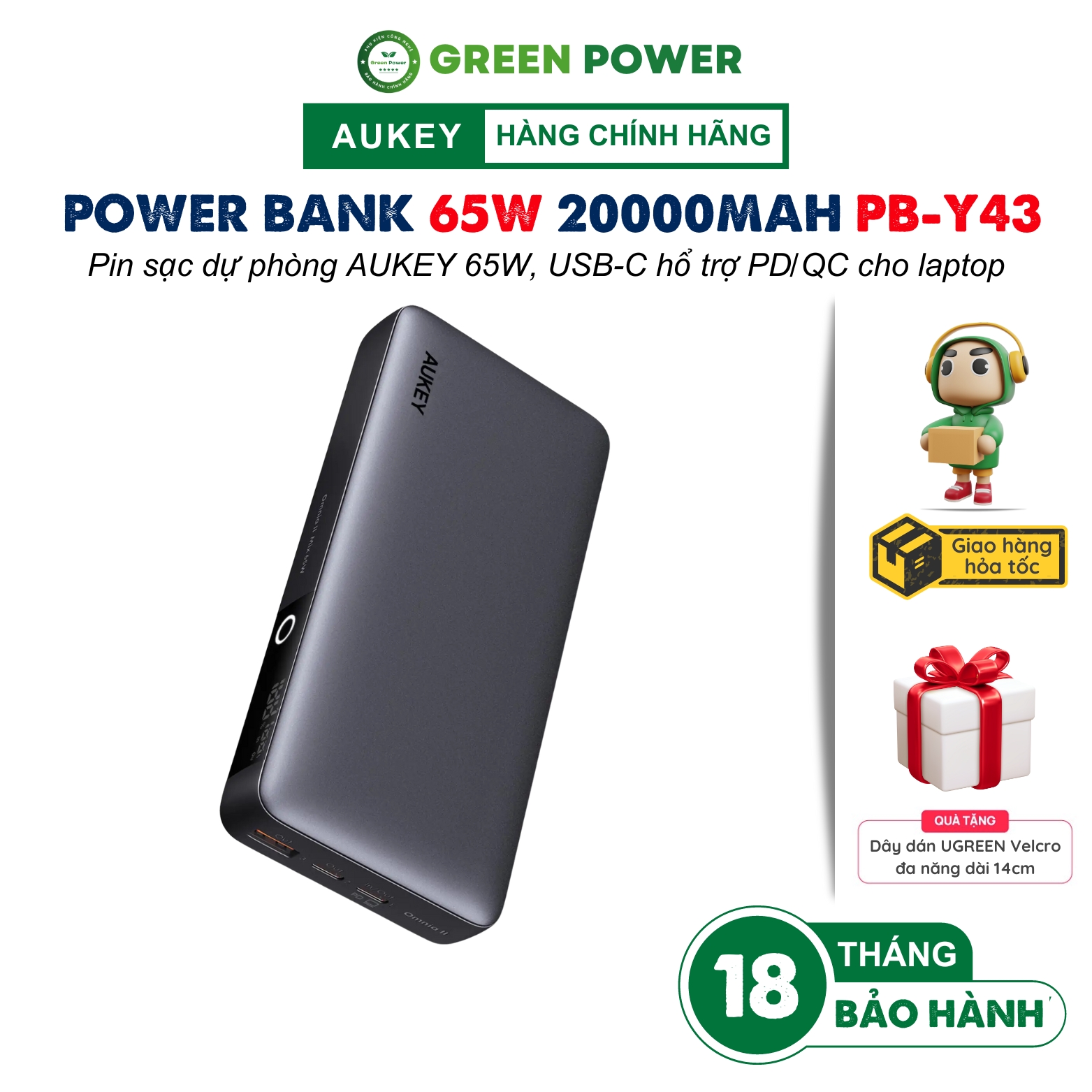 Pin Sạc dự phòng AUKEY PB-Y43 Sprint X 20000mAh 65W Hổ trợ PD/QC 3.0 PPS 5A, LED hiển thị, sạc nhỏ g