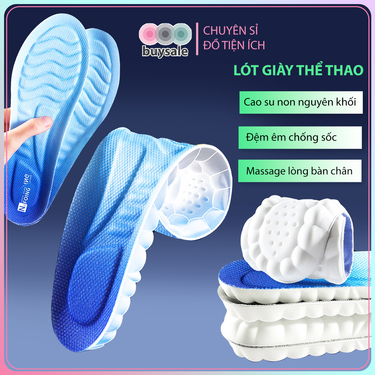 Lót giày thể thao cao su non êm chân thiết kế chữ U đệm vòm chống mỏi gang bàn chân, kết hợp vân sóng giảm trơn trượt - buysale - BSPK364